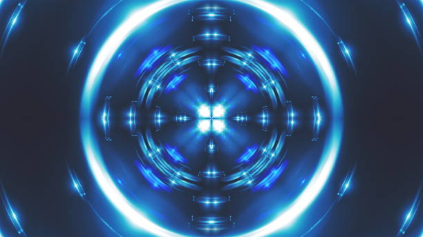 contexte kaléidoscopique bleu fractal généré par ordinateur des lumières bleues scintillantes, rendu 3d - kaleidoscope fractal psychedelic abstract photos et images de collection