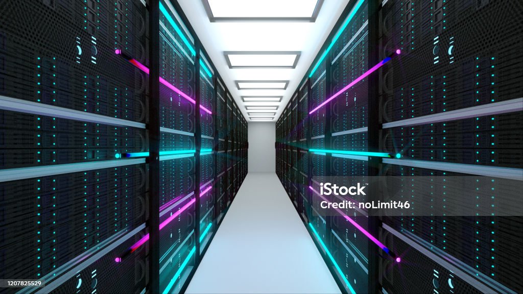 Modern Server Room Interior In Datacenter Web Network And Internet ...