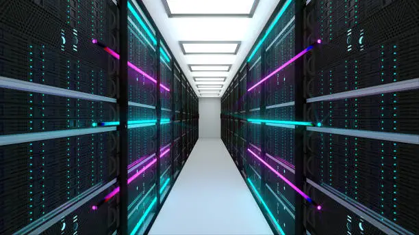 Photo of Modern server room interior in datacenter, web network and internet telecommunication technology, big data storage and cloud service concept, 3d render