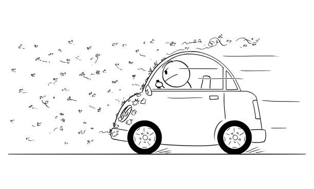 Vector Cartoon Illustration of Man Driving Car Through Swarm of Insect or bugs. Vector cartoon stick figure drawing conceptual illustration of man driving car through swarm of bugs, flies, mosquito or insect. dirty-stick-figures stock illustrations