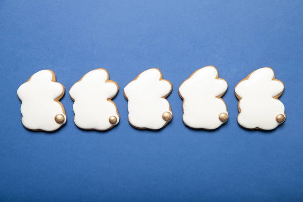 istock Easter cookies on a plate on a blue background. Place for text. Easter bunny. 1207827289
