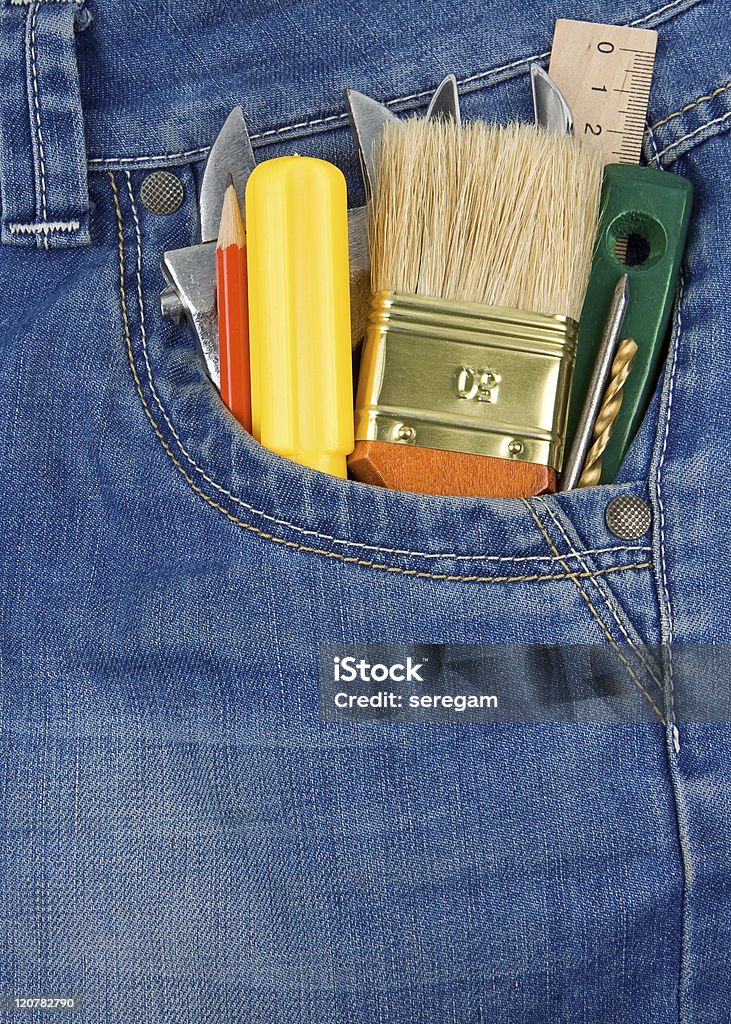 Utensili e strumenti in jeans con tasca - Foto stock royalty-free di Abbigliamento casual