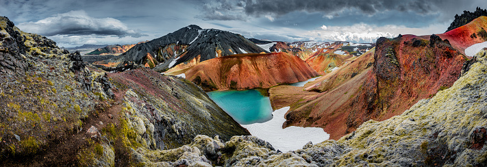 Panoramic view of colorful rhyolite volcanic mountains Landmannalaugar as pure wilderness in Iceland and a hidden highland lake, Iceland, summer time