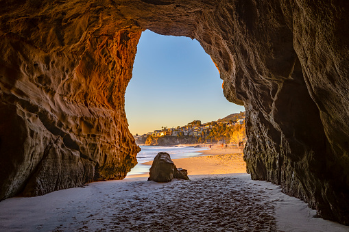 Cave Opening to Beach at Thousand Steps Beach in Laguna Beach, Orange County, Southern California.