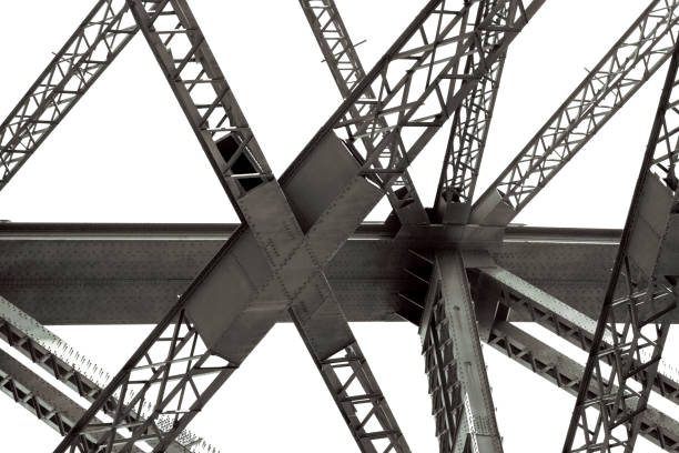 Closeup black and white large bridge steel structure, background with copy space