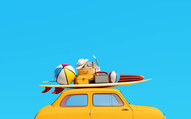Small retro car with baggage, luggage and beach equipment on the roof, fully packed, ready for summer vacation, concept of a road trip, blue background and bright yellow car, 3d render, 3d illustration pequeño coche retro con equipaje, equipaje y equipo de playa en el techo, totalmente embalado, listo para las vacaciones de verano, concepto de un viaje por carretera, fondo azul y coche amarillo brillante, renderizado 3d, ilustración 3d