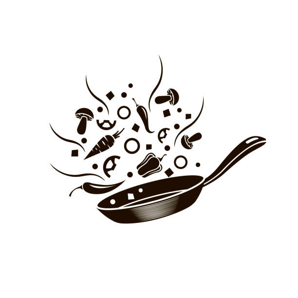 Bекторная иллюстрация процесс приготовления пищи на сковороде