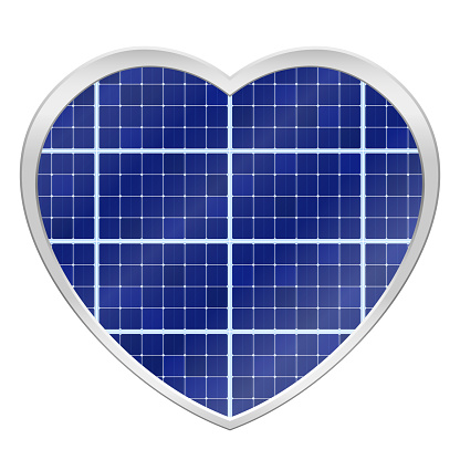 Solar plates collector in a heart shaped frame. Photovoltaic panels symbol - isolated vector illustration on white background.