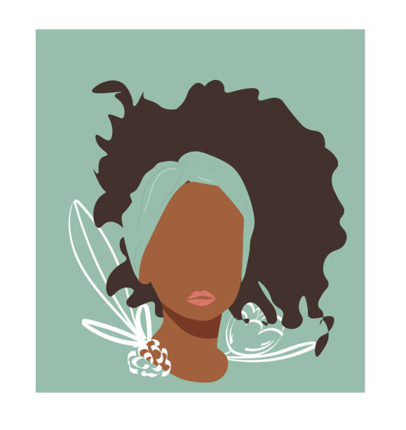 istock Portrait of abstract young girl black skin, floral doodle element, vector flat illustration. Trendy art minimal poster print. Vector hand drawn illustration, face and shoulders avatar, fashion. 1207841505