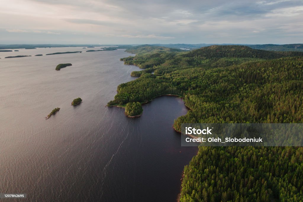Scenic aerial view of lake in Finland Scenic aerial view of lake in Finland in summer Kuopio Stock Photo