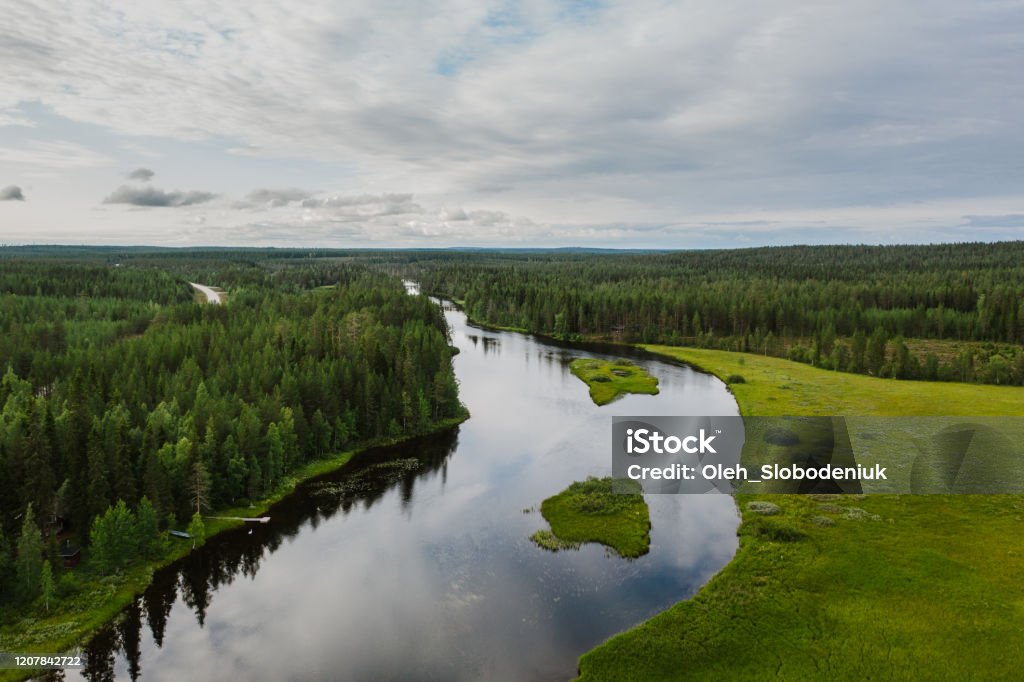 Scenic aerial view of river in Finland Scenic aerial view of river in Finland in summer Finland Stock Photo