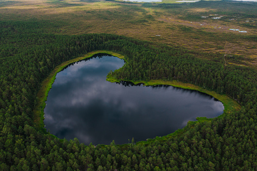 Scenic aerial view of  heart-shaped lake in Finland in summer