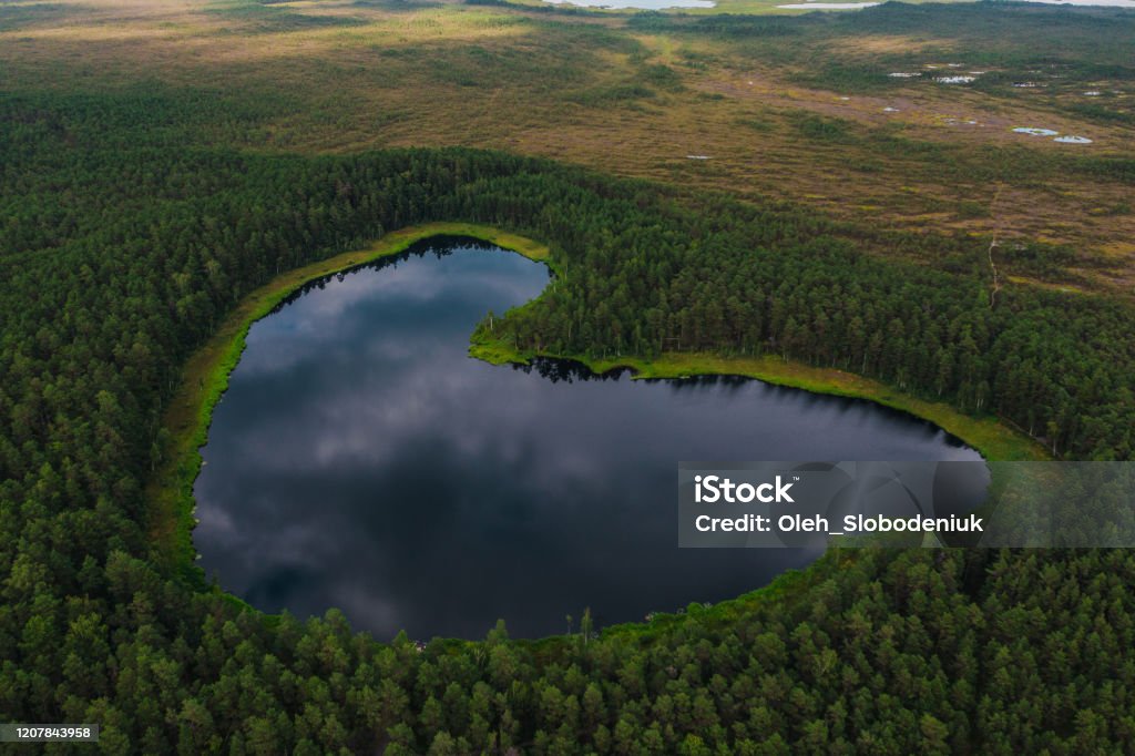 Scenic aerial view of  heart-shaped lake in Finland Scenic aerial view of  heart-shaped lake in Finland in summer Kuopio Stock Photo