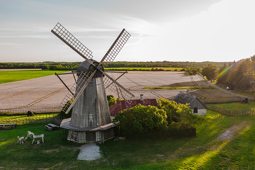 Scenic aerial view of windmill at sunset in Estonia