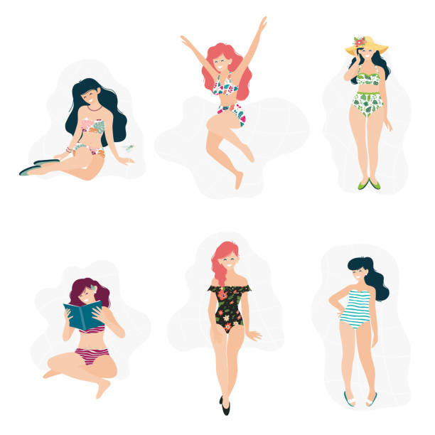 ilustrações, clipart, desenhos animados e ícones de ilustração de praia de verão tropical com meninas jovens felizes - fun tourist resort beach group of people