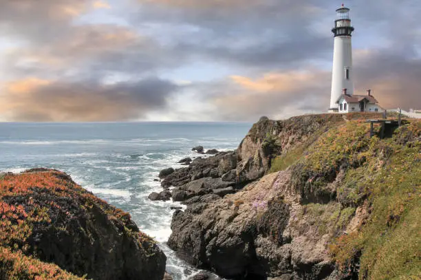 Photo of Dramatic sunset over Pigeon Point Light Station. Pescadero