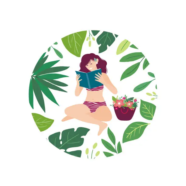 Vector illustration of Young girl sitting and reading book  in the swimsuit