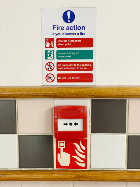 istock Fire action plan sign and manual fire alarm point in public work place 1207854100