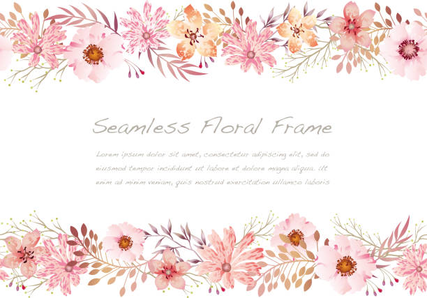 Watercolor Seamless Pink Floral Frame Isolated On A White Background. Watercolor Seamless Pink Floral Frame Isolated On A White Background. Vector Illustration. Horizontally Repeatable. flowerbed stock illustrations