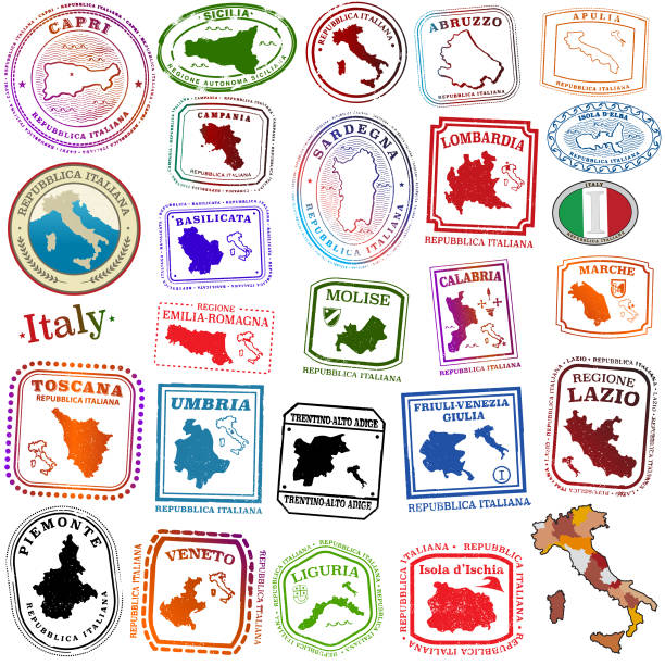 illustrazioni stock, clip art, cartoni animati e icone di tendenza di francobolli tavel regioni d'italia - marche