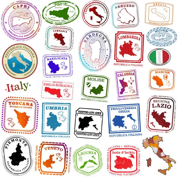 Vector illustration of Regions of Italy Tavel Stamps