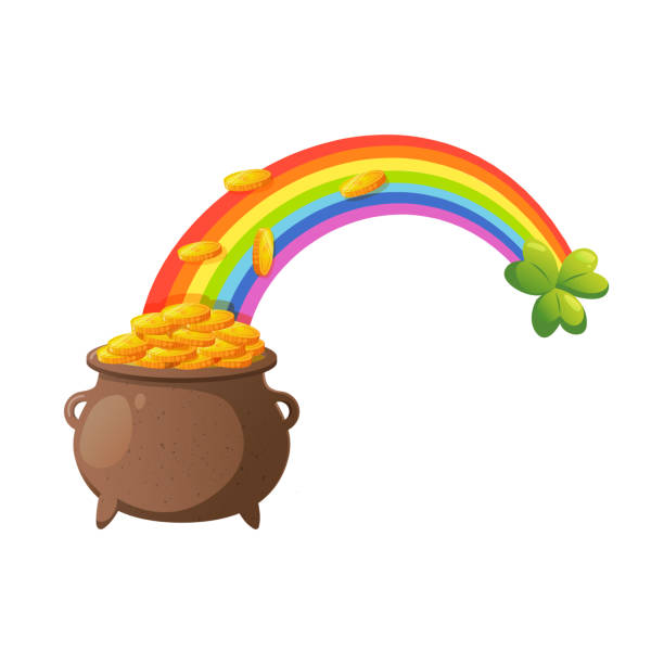 ilustrações, clipart, desenhos animados e ícones de arco-íris com panela leprechaun cheia de moedas douradas. - pot of gold