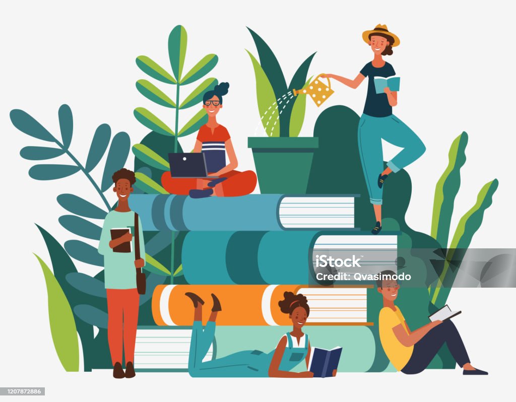 Reading Vector Drawing Young People Group Reading Books Study Learning Knowledge And Education ...