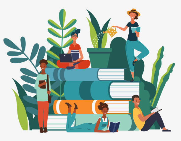 Young people group reading books. Study, learning knowledge and education vector concept Young people group reading books. Study, learning knowledge and education vector concept learning illustrations stock illustrations