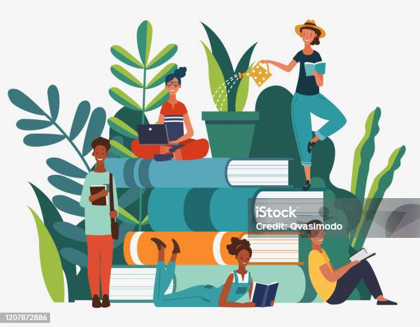 Young People Group Reading Books Study Learning Knowledge And Education Vector Concept Stock Illustration - Download Image Now
