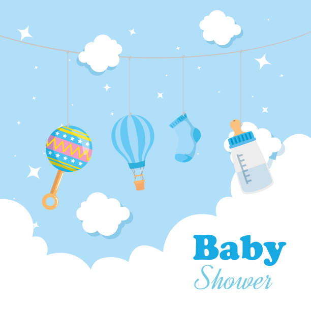 ilustrações de stock, clip art, desenhos animados e ícones de baby shower card with decoration hanging - equipamento de bebê