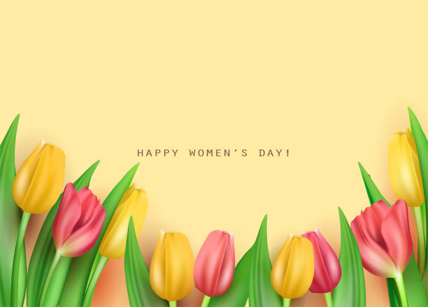 istock Template for congratulations on March 8 and International Women's Day, many realistic multi-colored tulips and the inscription Happy Women's Day. Vector stock illustration. 1207876739
