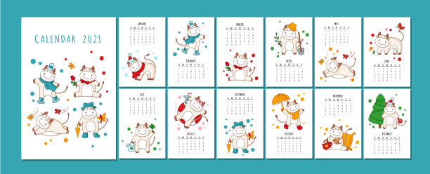 biały kalendarz ox lub planista - nowt stock illustrations