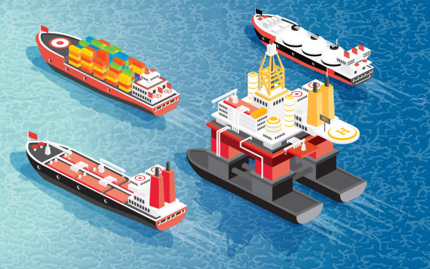 illustrations, cliparts, dessins animés et icônes de isometric oil rig, cargo ship container, lng carrier ship et oil tanker. - isometric natural gas tanker shipping