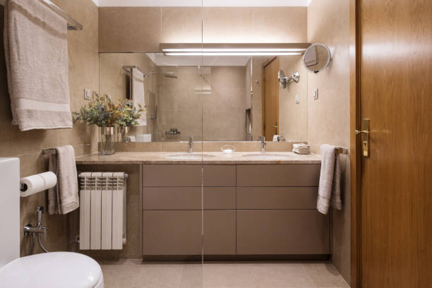 istock Bathroom and toilet simple interior design, brown colours 1207883406