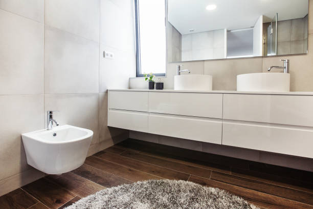 istock luxury bathroom interior with mirror, grey carpet and bidet 1207885200