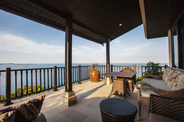 istock Tropical luxury villa interior,  sea view veranda 1207891999