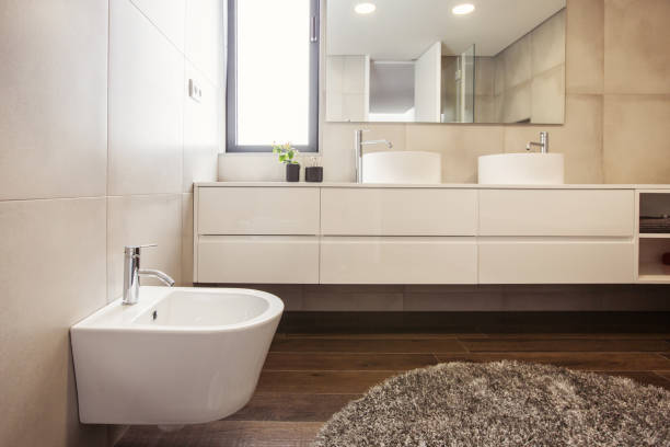 istock luxury bathroom interior with mirror, grey carpet and bidet 1207892934