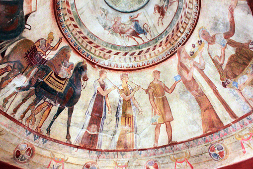 Kazanlak, Bulgaria - 15 July 2015: Detail of Fresco in the 4th century BCE Thracian Tomb of Kazanlak, an UNESCO World Heritage Site.