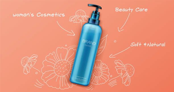 Cosmetic bottle mockup, natural beauty cosmetics Cosmetic bottle mockup, natural beauty cosmetics product for face or body care on orange background with hand drawn sketchy flowers, tube package design, promo Realistic 3d vector illustration, banner skin care background stock illustrations