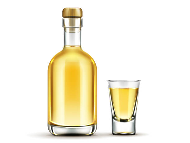 gold tequila flasche und schuss glas mock-up-drink - shot glass stock-grafiken, -clipart, -cartoons und -symbole