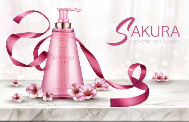 Cosmetics sprayer bottle mock up empty liquid soap Sakura cosmetics sprayer bottle mock up, empty liquid soap or gel tube with pump, ribbon and pink flowers on marble table top with white silk curtains, skin care product. Realistic 3d vector ad banner marble table background stock illustrations