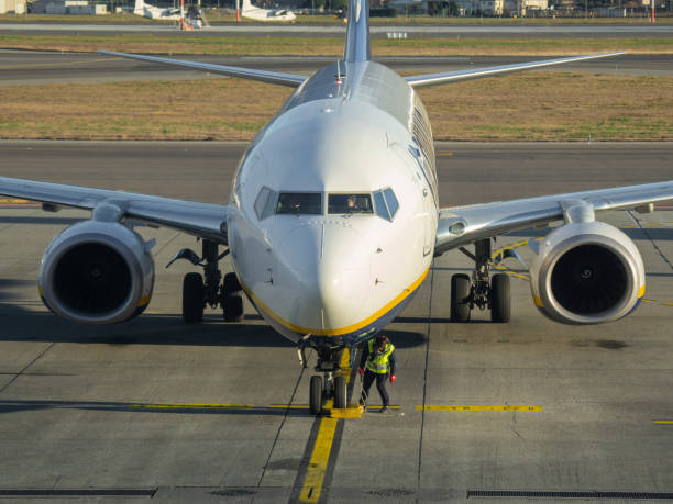 bergamo, italia. un boeing 737-800 ryanair al gate dell'aeroporto internazionale di bergamo milano - wing airplane boeing 737 jet foto e immagini stock