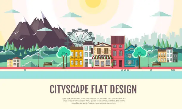 Vector illustration of Flat style modern design of urban city landscape and mountains