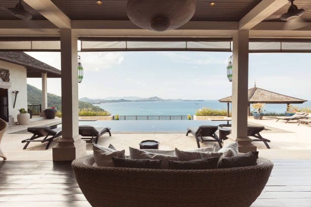istock Tropical luxury villa interior,  sea view veranda 1207897536