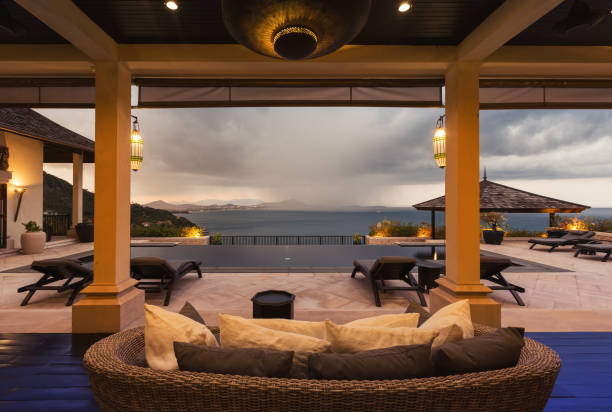 istock Luxury villa living room interior. Sea view 1207899301