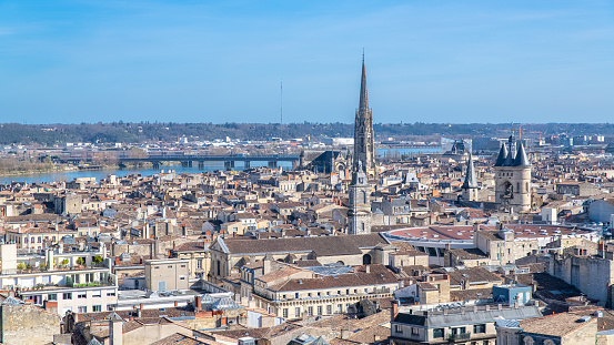 Bordeaux in France, aerial view of the Saint-Michel basilica and the Grosse Cloche in the center