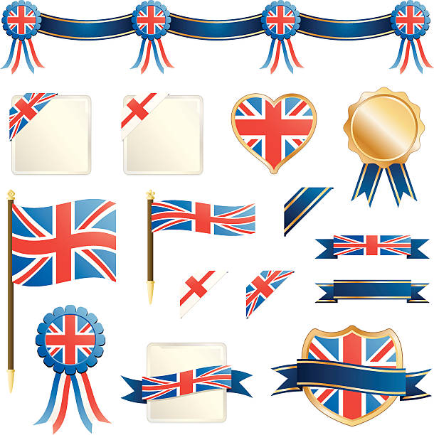 ilustraciones, imágenes clip art, dibujos animados e iconos de stock de cintas y banderas de gran bretaña - insignia british flag coat of arms uk