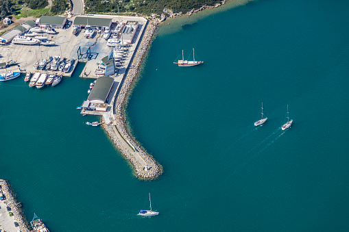 Sanxenxo, Spain - February 9, 2023: Moored fishing boats on the harbor of Sanxenxo famous touristic destination in Galicia, Spain.