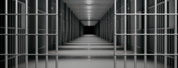 Prison interior. Jail cells and shadows, dark background. 3d illustration Prison interior. Jail bars open, empty corridor, cells, dark background. Escape, freedom concept, 3d illustration prison stock pictures, royalty-free photos & images