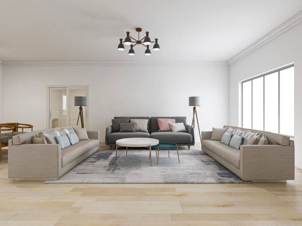 istock 3D rendering, simple modern living room sofa with coffee table, with green plants on the table. 1207906394